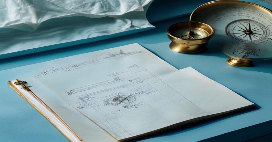 Soft blue light across a minimalist desk with scattered blueprint pages, a brass compass, and an open notebook—the calm before a launch