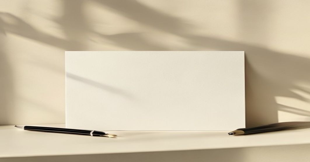 Minimalist desk with a single blank card, soft morning light, neutral background, pen resting nearby