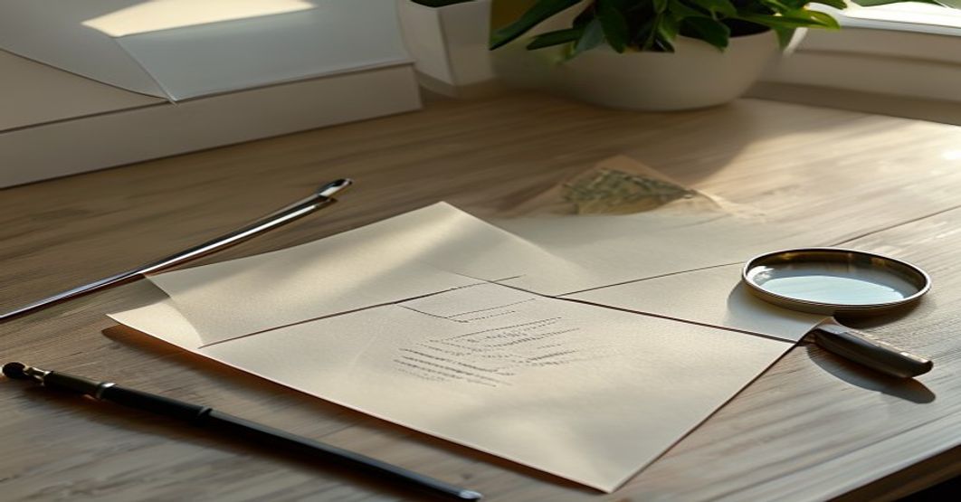Soft morning light across a clean desk with a sealed envelope, a magnifying glass, and a single sheet of paper bearing an official stamp