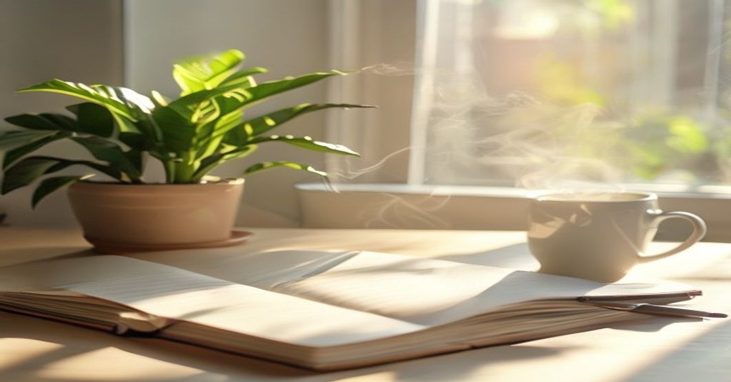 Morning light across a clean desk with open notebook, pen, and steaming cup beside a potted plant.