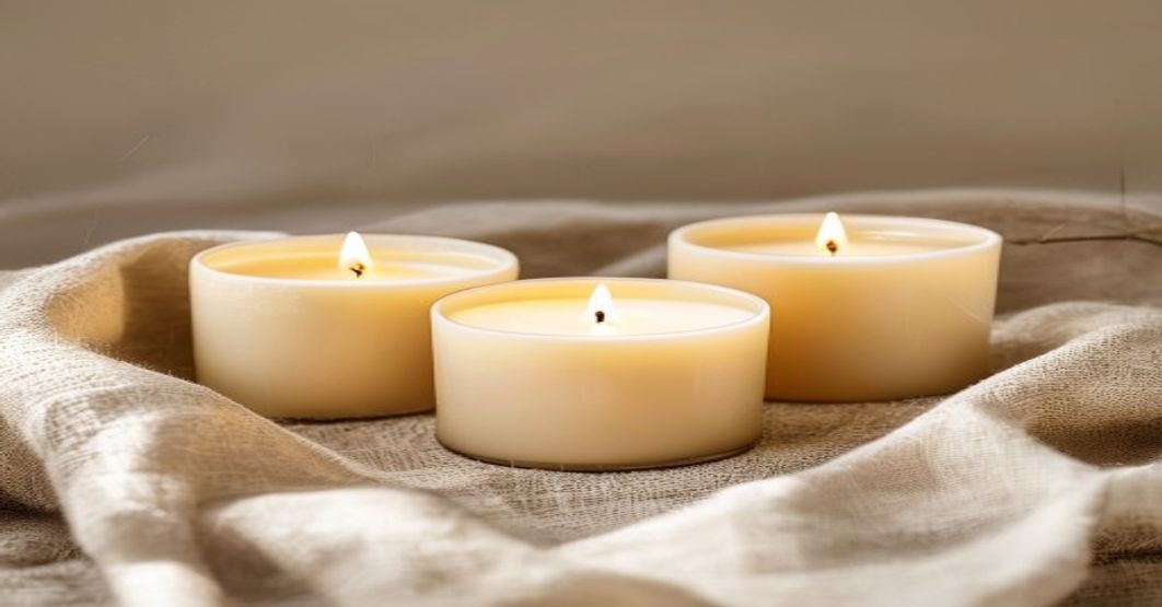 three soy candles arranged on linen cloth