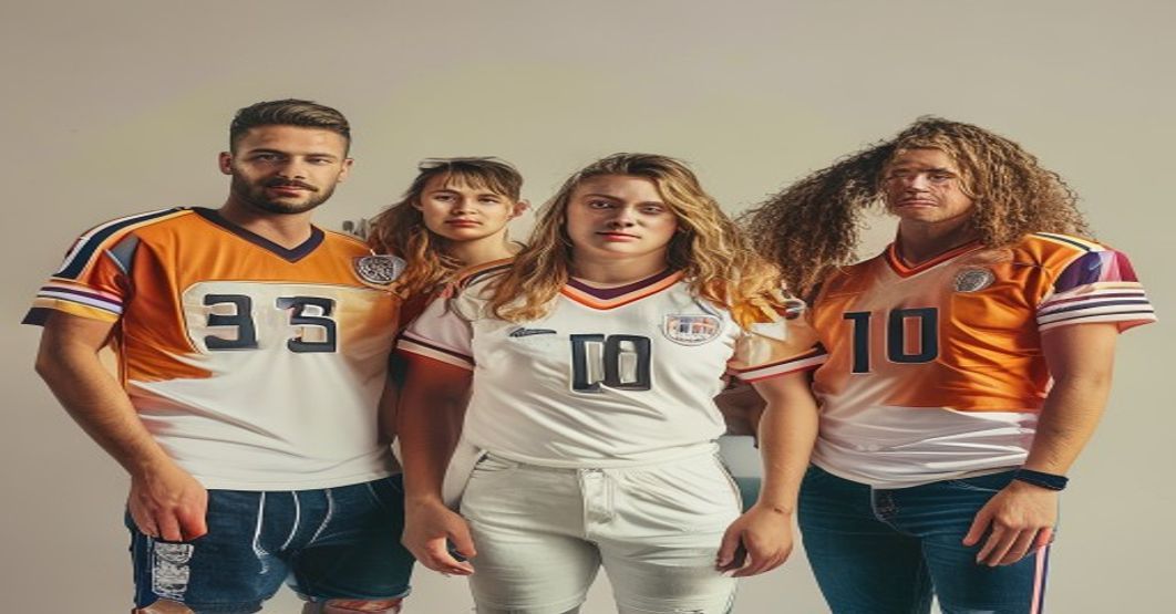 group of friends in retro football jerseys