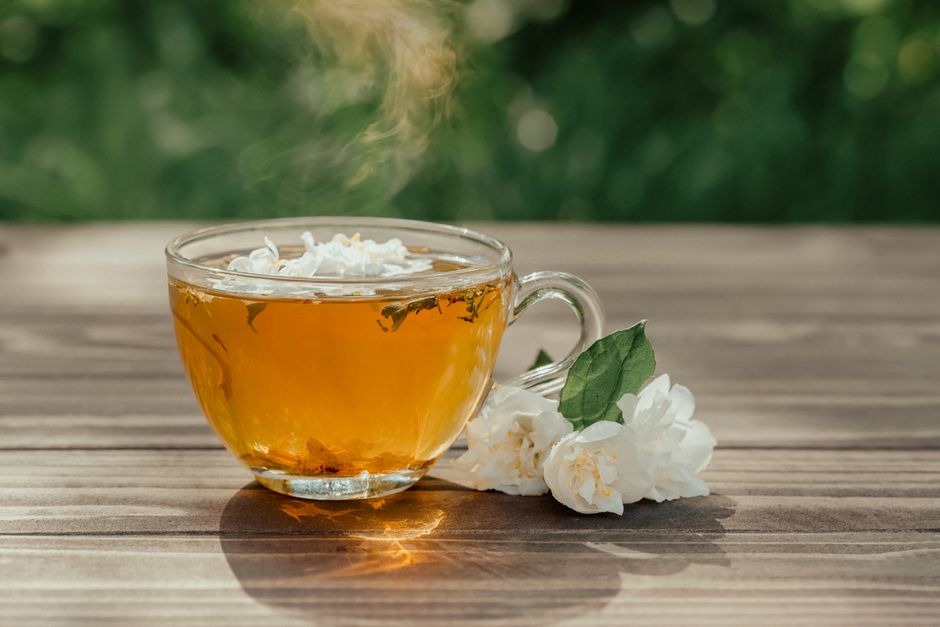 Glass cup of healthy herbal tea served on wooden table near fresh gentle Arabian jasmine flowers on sunny day on terrace