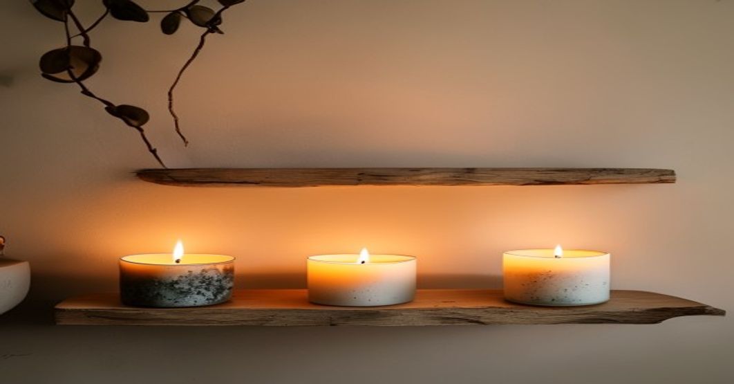 minimalist shelf with multiple artisan candles burning