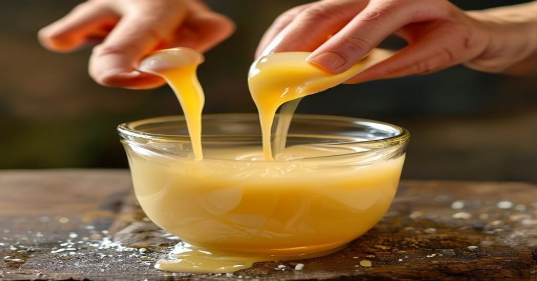 hands pouring melted soy wax into glass vessel