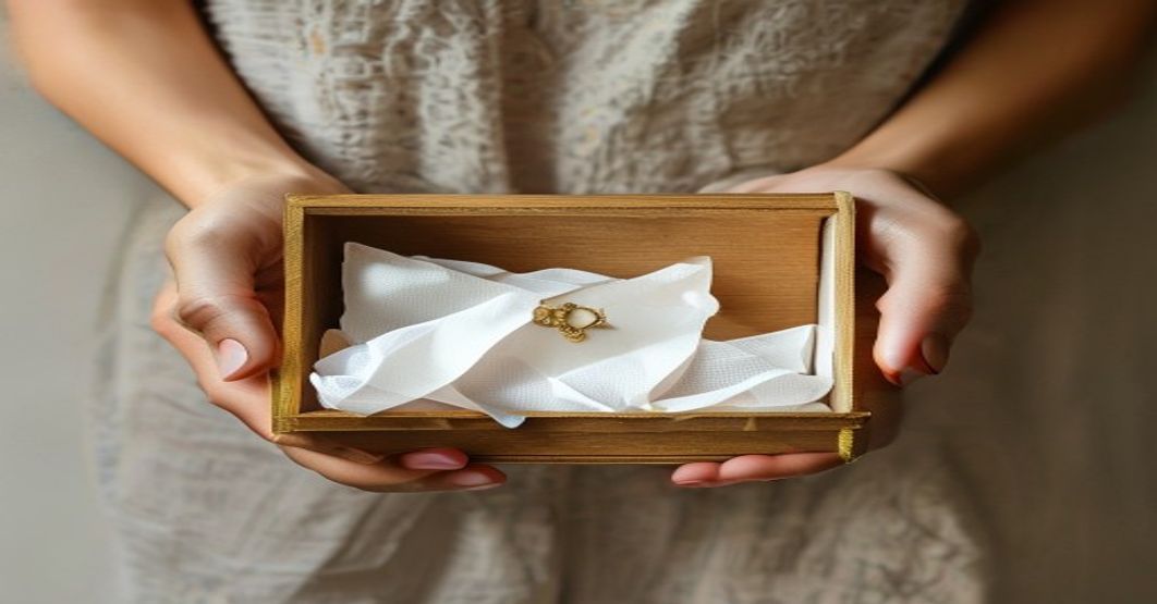 hands holding jewelry box with tissue paper