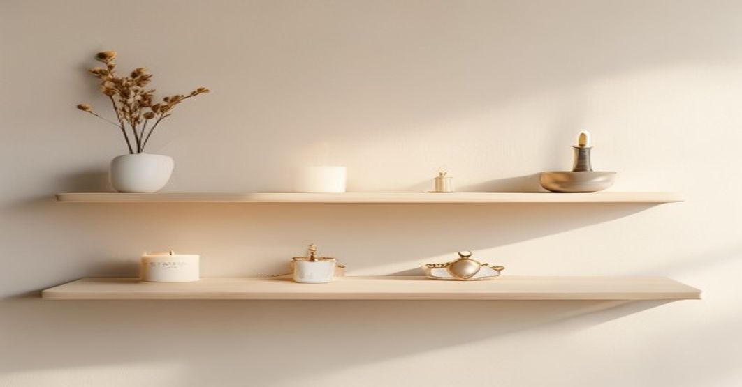 minimalist shelf with jewelry and candle