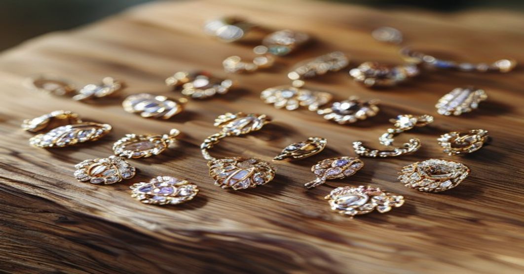jewelry collection arranged on wooden surface