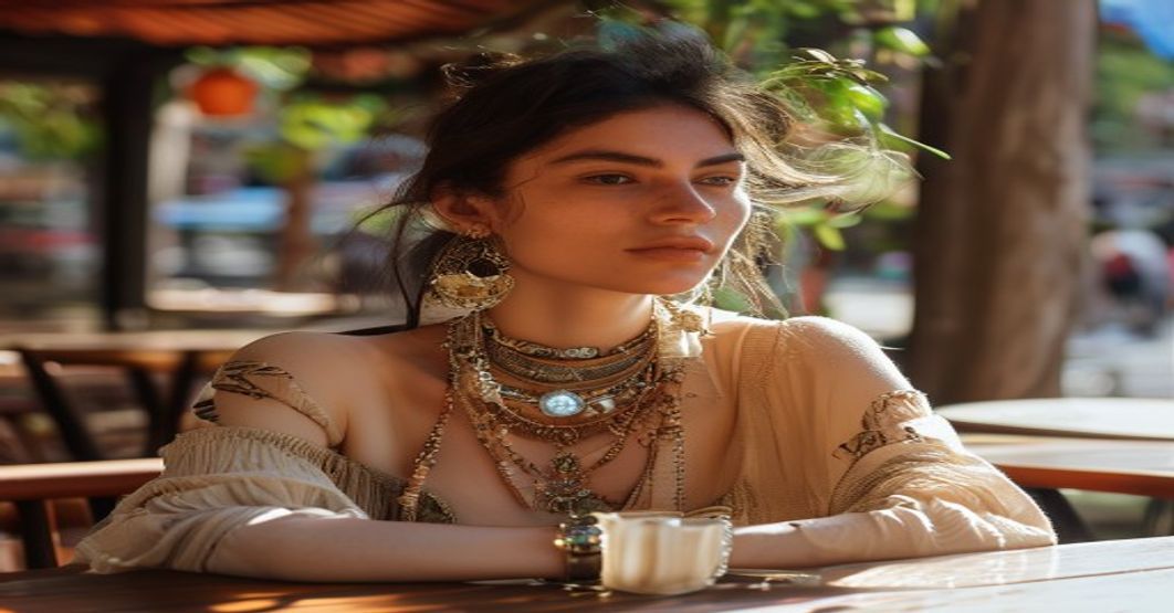 person wearing layered handmade jewelry at outdoor cafe