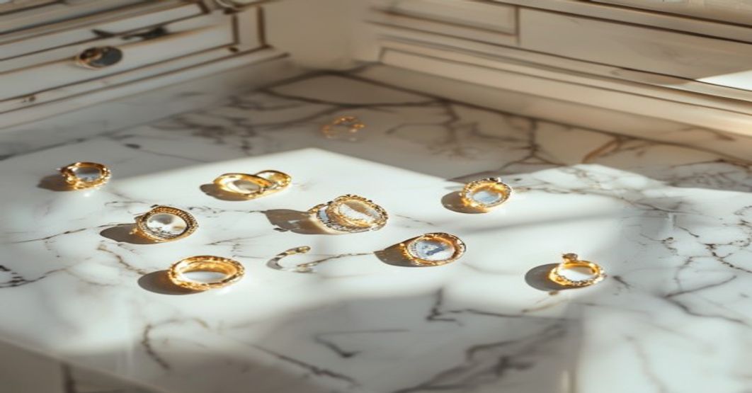 jewelry scattered on marble vanity with soft light