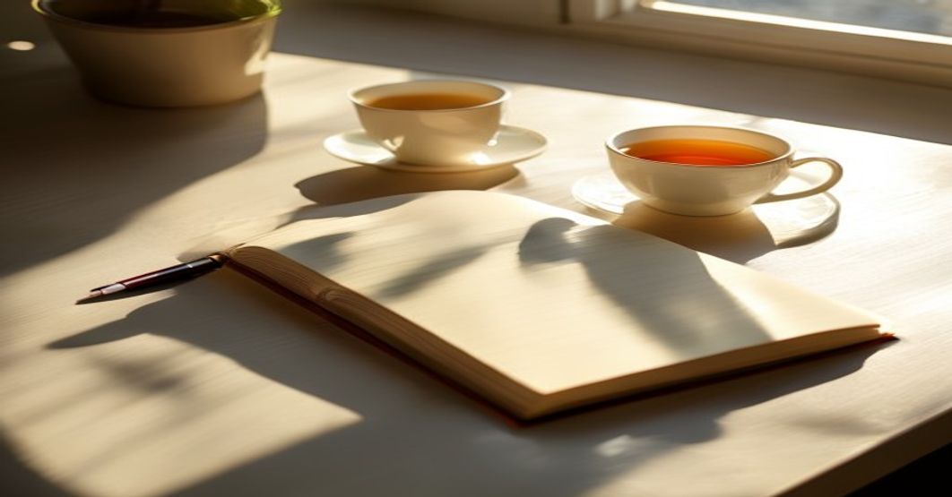 Soft morning light across a clean desk with an open notebook, pen, and a warm cup of tea casting gentle shadows