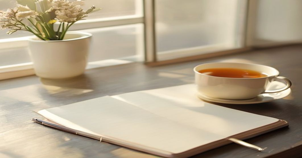 Soft morning light across a clean desk with a blank notebook, pen, and warm cup of tea beside it