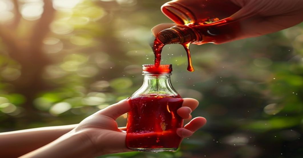 hand holding hot sauce bottle pouring