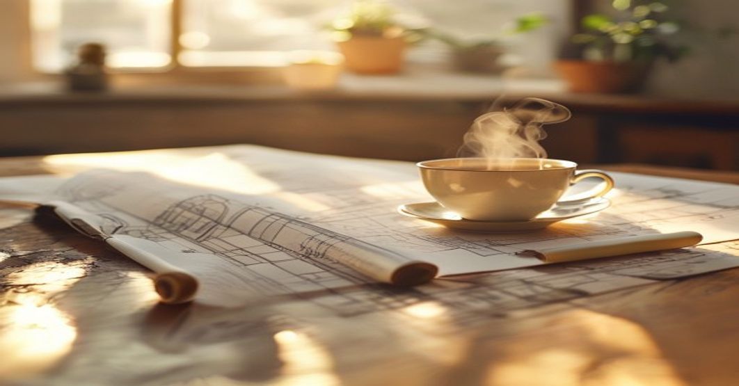 Warm afternoon light across a wooden desk with scattered architectural sketches, a blueprint roll, and a steaming cup of tea in soft focus