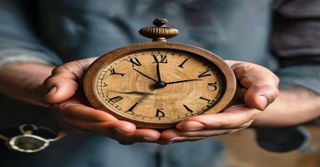 wooden timepiece held in hands